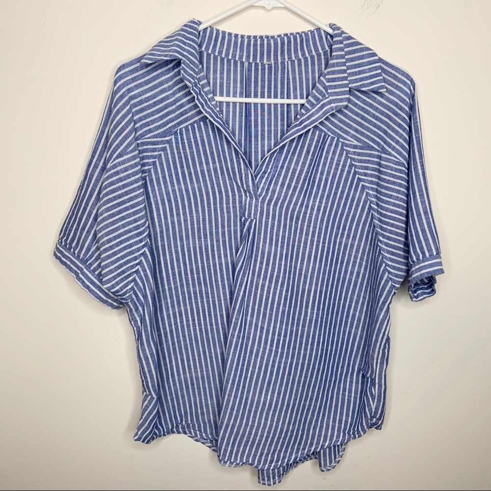 Nautical Blue White Stripe Short Sleeve Blouse 2X